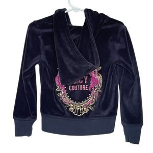 Y2K Juicy Couture Velour Track Suit Jacket Kids XS Blue Pink Sparkle Graphic Bow